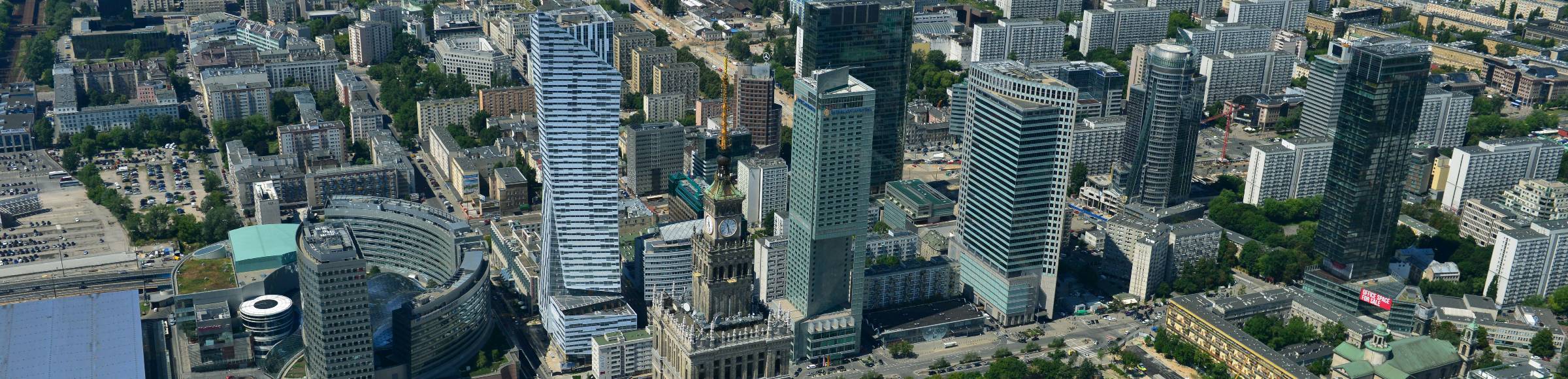 View on the landmark in the city center, the high-rise building complex of the Palace of Culture and Science (Palac Kultury i Nauki Polish) in Warsaw in Poland