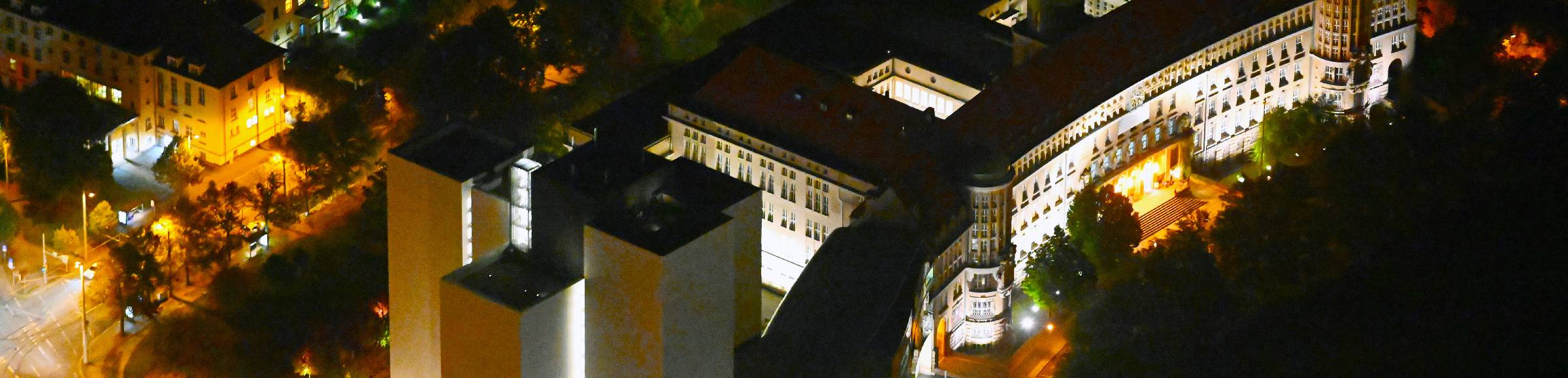 Night lighting Library Building of Deutsche Nationalbibliothek Deutsches Buch- and Schriftmuseum Deutsche Nationalbibliothek on ensemble Deutscher Platz in the district Zentrum-Suedost in Leipzig in the state Saxony