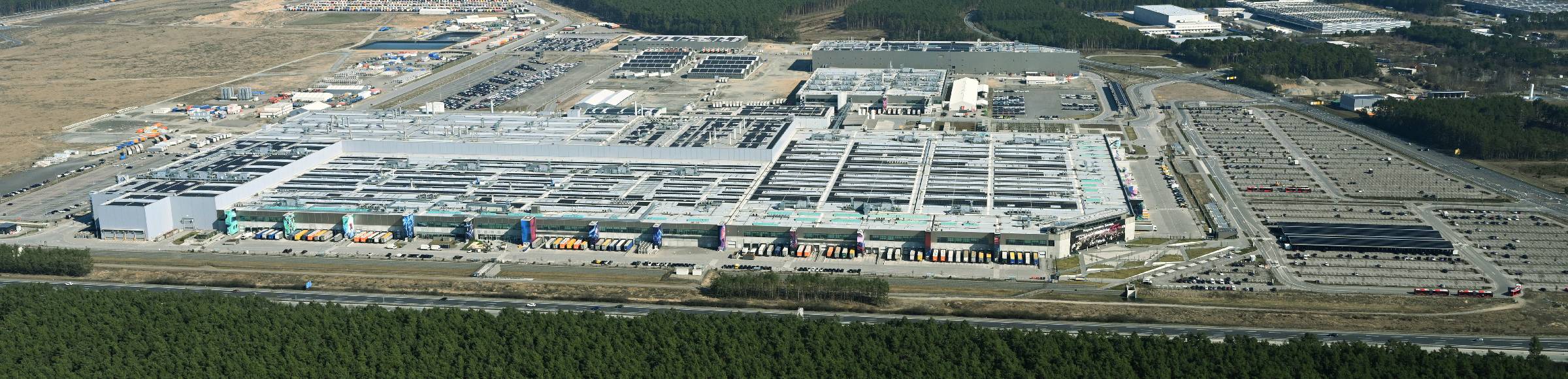 Construction site for the new building of Tesla Gigafactory 4 on Schlehenweg - Eichenstrasse in the district Freienbrink in Gruenheide (Mark) in the state Brandenburg, Germany